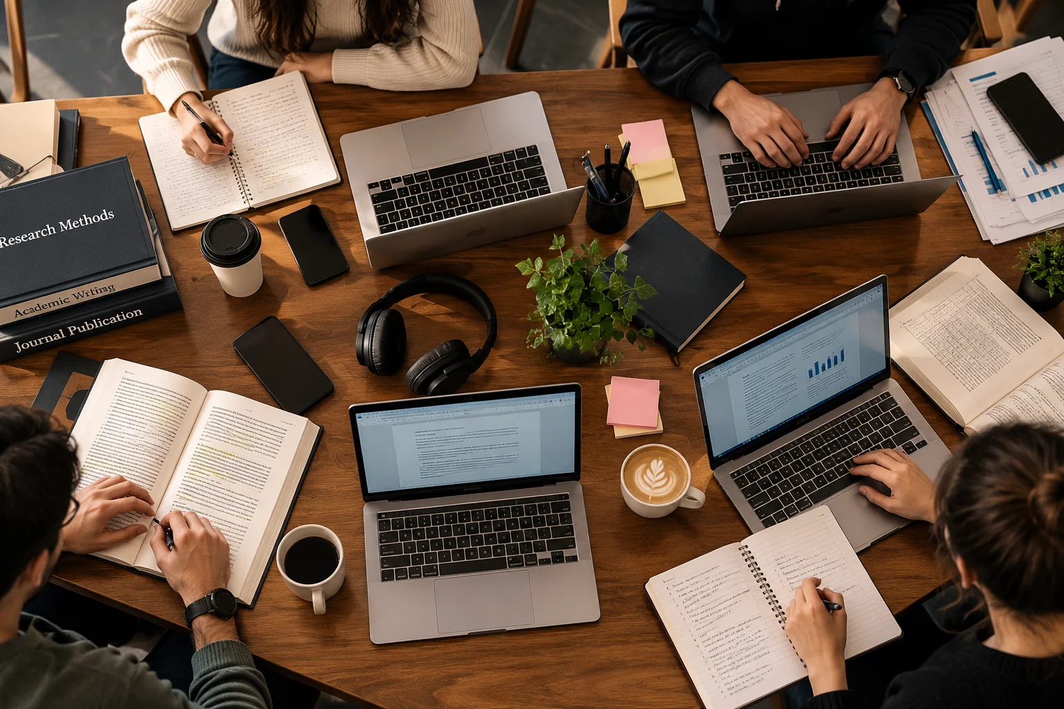 Editors reviewing a translated journal article manuscript on laptops